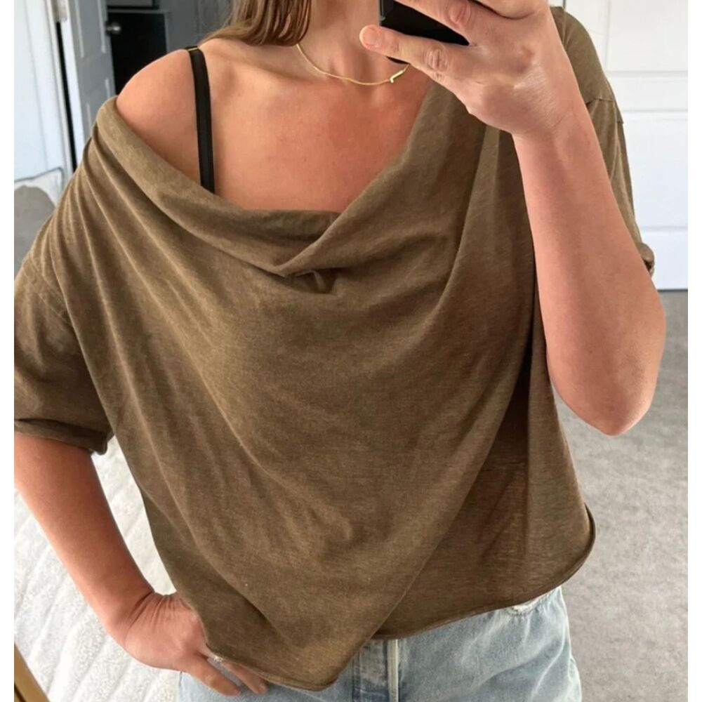 We The Free by Free People Olive Oversized Boxy Tee Off the Shoulder Size S